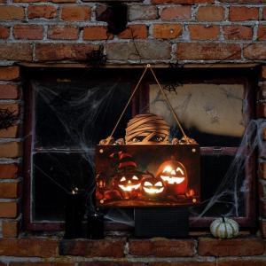 Kürbisschild Outdoor-Wandkunst | Kürbisschild Rustikale Wohndekoration | Rustikale Heimdekoration mit Seil, bedruckte Halloween-Veranda-Dekorationen (Wsgp 01b Kürbismumie)