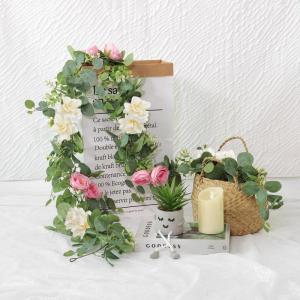 Künstliche Eukalyptus-Blumengirlande mit weiß-rosa Rosen, künstliche Pflanzen, Seide, Blumen, grüne Girlande, Kunstschleierkraut, Efeu-Ranken für Hochzeitsdekoration, Zuhause,