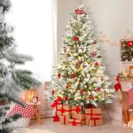 180 cm premium kunstkerstboom met warm wit verlichting, dennenboom met sneeuwspar, natuurlijk wit gevlokt voor kerstdecoratie, PE en pvc, met metalen standaard