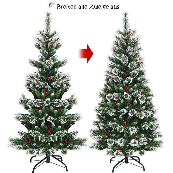 150/180/210/240 cm kunstkerstboom met rode bessen, sneeuwbedekte dennenboom met metalen standaard, pvc- en dennennaalden, kunstboom, kerstklapsysteem (180 cm)