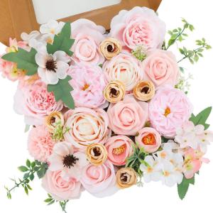 Künstliche Blumen Combo Rosa Blumen Mix Seidenblumen Rosen Pfingstrosen mit Stielen für DIY Hochzeit Brautsträuße, Babyparty, Blumenarrangement, Tischaufsätze, Heimdekoratione