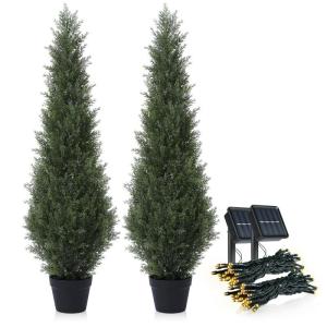 Kunstplant cipres, 120 cm, , ceder in plastic pot, uv-beschermde kunstconiferen met lichtketting op zonne-energie, voor buiten, tuin, hal, balkon (2 stuks)