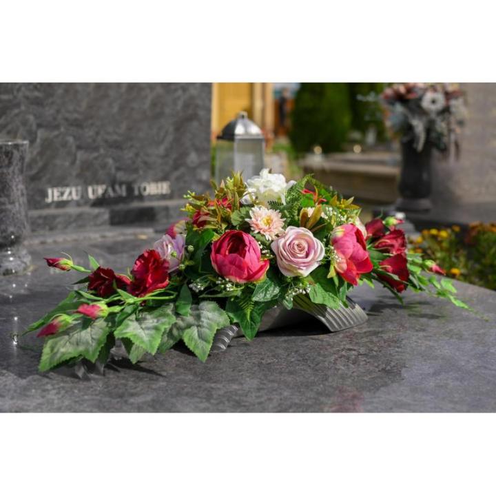 Grafoplegger van kunsttextiel, zijden bloemen, rozen, langwerpig 80 cm groot, XXL, begraafplaats voor dodenzondag, begrafenis als echt (roze)