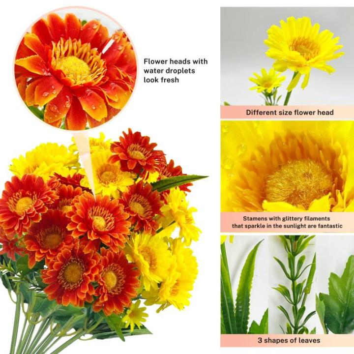 30 hoofden kunstmatige gerbera madeliefjes met dauwdruppel, 2 kleuren zijden madeliefjes die er echt uitzien met 3 vormige bladeren, nepbloemen die schitteren in het zonlicht voor