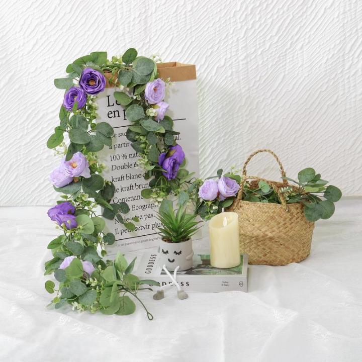 Künstliche Eukalyptus-Blumengirlande mit violetten Rosen, Seidenblumen, Grün, Girlande, Kunstschleierkraut, Efeu-Ranken für Hochzeit, Zuhause, Weihnachten, Party, Tischläufer, 