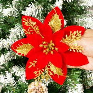12 stuks glitter kerstster bloemen kerstbloemen met 12 stuks kunststof wortelstokken 12 stuks clips kunstglitter kerstboom bloemen voor kerstboom Nieuwjaar decoraties