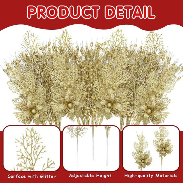 28 stuks kerst glitter bloemen bessen stelen kunstmatige kersttakken kerstboomversiering kunsttakken kerstboom plukken voor doe-het-zelf vakantie handwerk krans thuis decoratie (go
