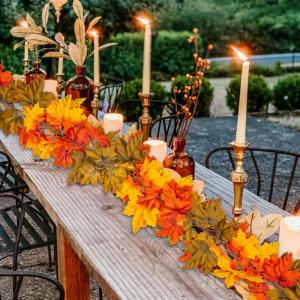 Set van 2 kunstherfstslingers esdoornblad herfstbladeren Thanksgiving woondecoratie indoor outdoor decoratie voor tuin bruiloft open haard party, oogstfeest, herfstdecoratie, geel,