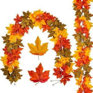 Set van 2 kunstherfstslingers esdoornblad herfstbladeren Thanksgiving woondecoratie indoor outdoor decoratie voor tuin bruiloft open haard party, oogstfeest, herfstdecoratie, geel,