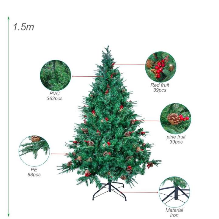 5FT kunstmatige kerstboom, premium scharnierende spar kerstboom, eenvoudige montage met metalen standaard, kerstversiering voor binnen en buiten, met PVC+PE+dennenappel+rood fruit