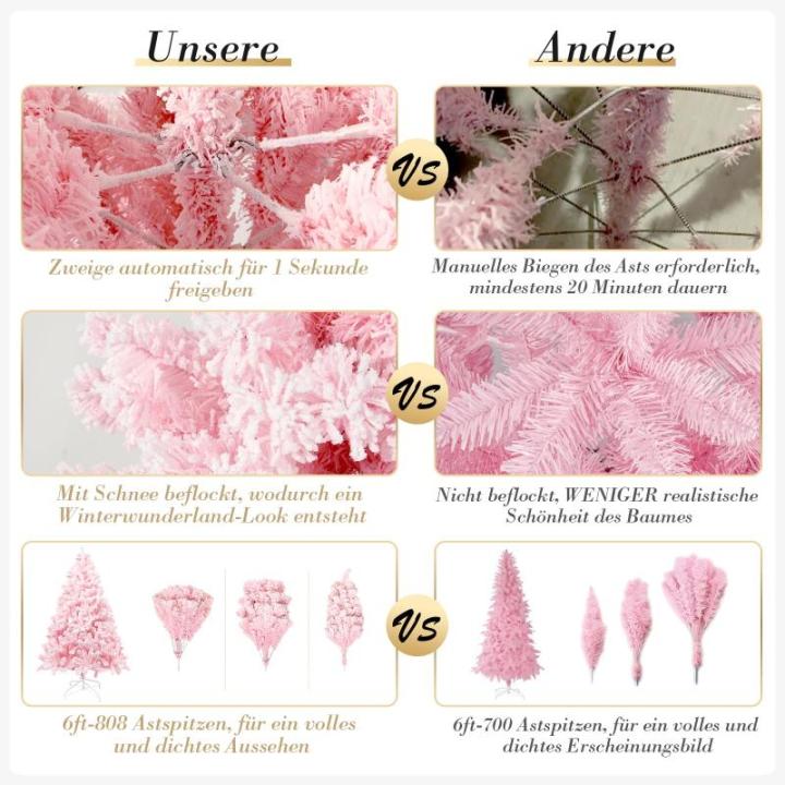 180 cm kerstboom bevlokt roze met volle flocked decoratie met sneeuwvlokken, 808 punten dennenbladeren van pvc en stabiele basis, kerstboom voor kerstdecoraties