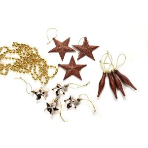 Kerstboomversiering - goud/bruin/parelmoer - 60-delig - set incl. boompunt, ballen, parelketting, slinger en sterren - kunststof