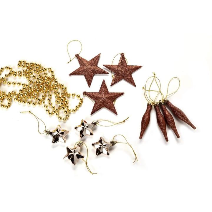 Kerstboomversiering - goud/bruin/parelmoer - 60-delig - set incl. boompunt, ballen, parelketting, slinger en sterren - kunststof