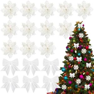 12 stuks glitter kerstster bloemen met 6 stuks glitter kerststrikken decoratie kerstboomversiering kerstdecoratie voor kerstboom Nieuwjaar decoraties