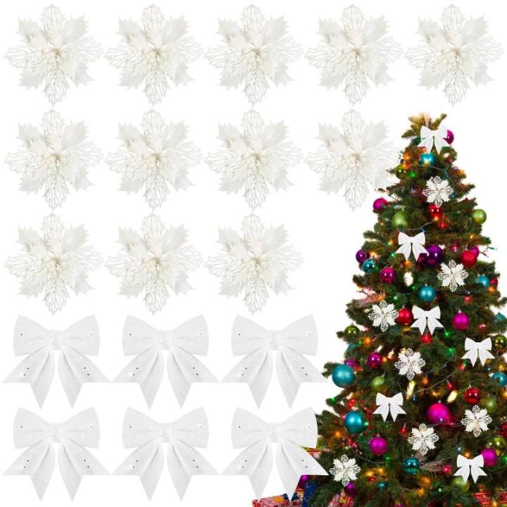 12 stuks glitter kerstster bloemen met 6 stuks glitter kerststrikken decoratie kerstboomversiering kerstdecoratie voor kerstboom Nieuwjaar decoraties
