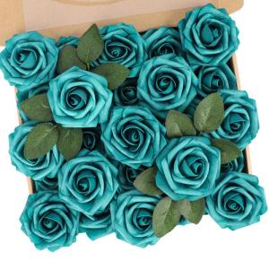 Kunstbloemen, rozen, 25 stuks, rozen decoratie met stelen, kunstrozen voor bruiloft, Valentijnsdag, Moederdag, babyshower, woondecoratie, malachiet groen