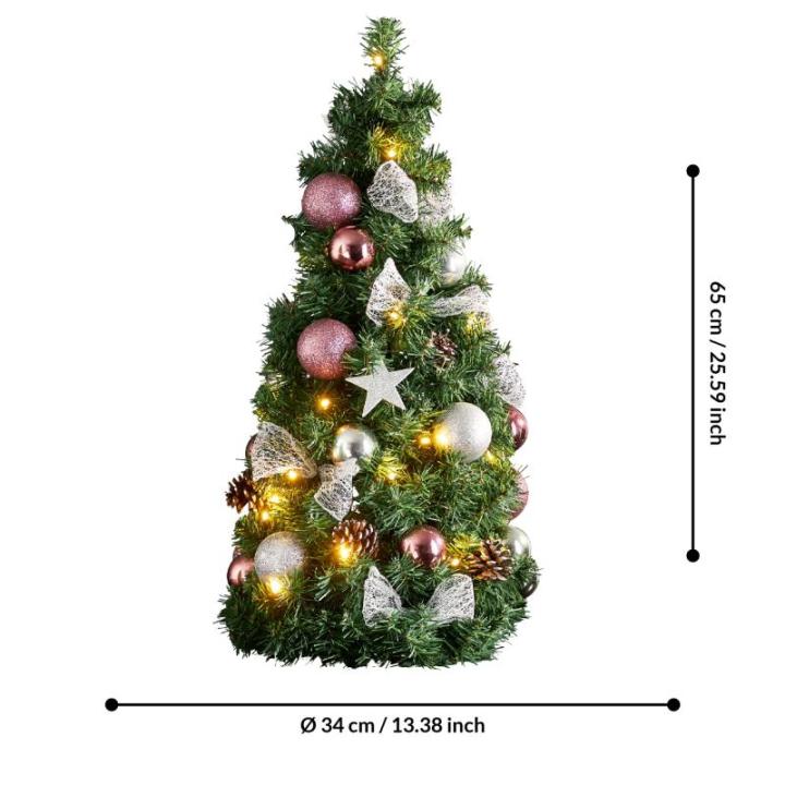 Kunstkerstboom 65 cm voor binnen, decoratieve dennenboom met ledverlichting en kerstballen in roze en zilver, met timer, warmwit, op batterijen werkende kunstboom