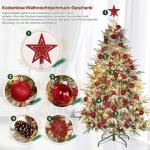Kunstkerstboom met verlichting met sneeuw en stuk, kerstballen, kerstdecoratieset, metalen standaard, 210 cm, goud-rood