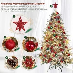 Kunstkerstboom met verlichting met sneeuw en stuk, kerstballen, kerstdecoratieset, metalen standaard, 150 cm, goud-rood