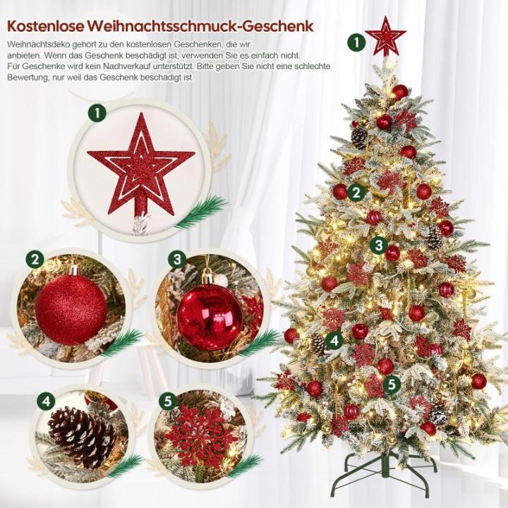 Kunstkerstboom met verlichting met sneeuw en stuk, kerstballen, kerstdecoratieset, metalen standaard, 180 cm, goud-rood