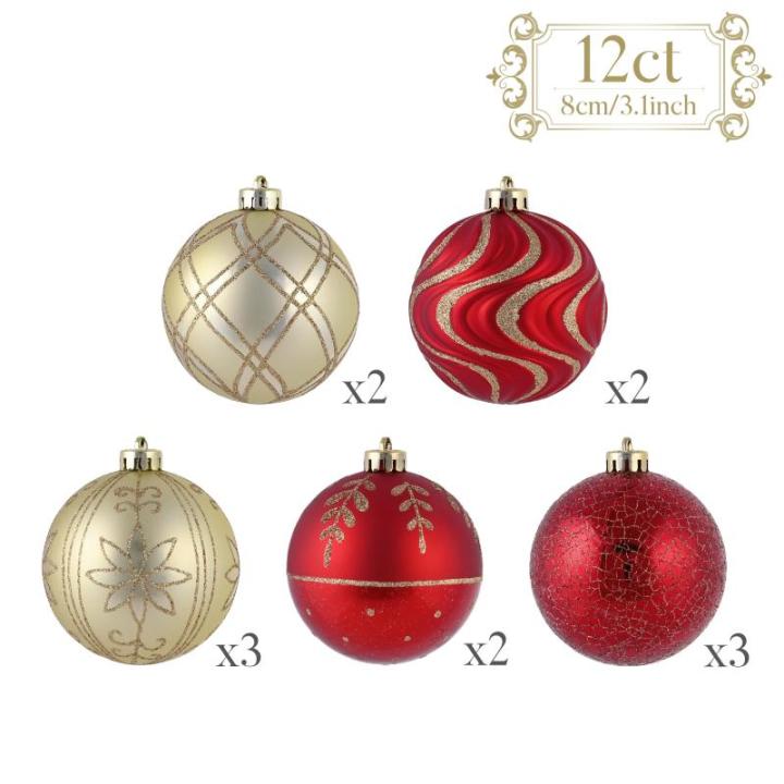 , 12 stuks, 8 cm, , met cadeaupakket, kerstboomversiering met hanger, decoratie Kerstmis, thema rood goud