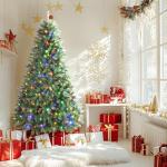 Kunstkerstboom met verlichting, 180 cm, met 330 warmwitte en meerkleurige ledlampen, 8 lichtmodi, 1018 PE en pvc-takpunten, opvouwbare metalen standaard