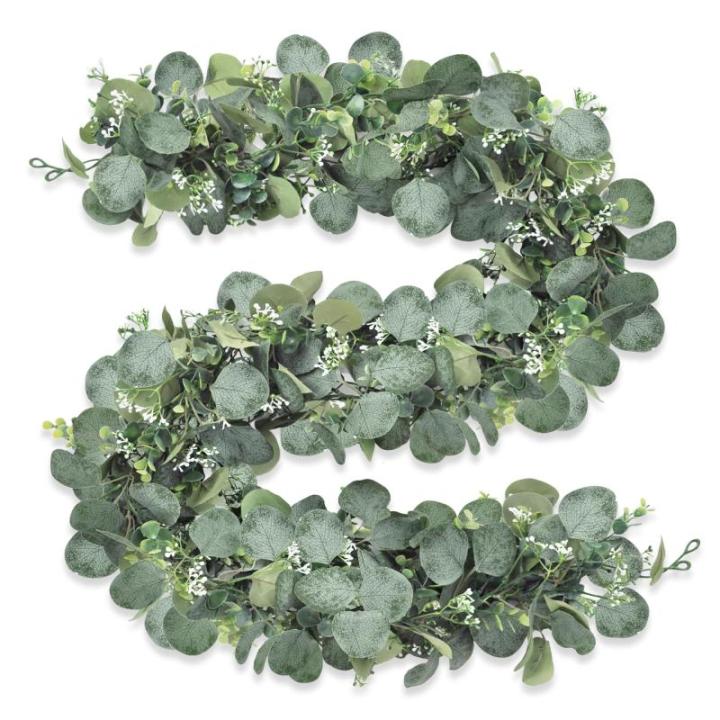 2 stuks eucalyptus slinger, kunstslinger, plant 1,8 m, hangende groene bladeren, decoratie met witte bloemen, zilveren dollar, eucalyptusranken, voor achtergrond, bruiloft, boog, g