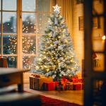 Kunstkerstboom met 200 ledverlichting, 150 cm premium dennenboom, kunstkerstboom met natuurwitte sneeuwvlokken, 400 takpunten, van PE en pvc dennennaalden, snel op te bouwen, klaps