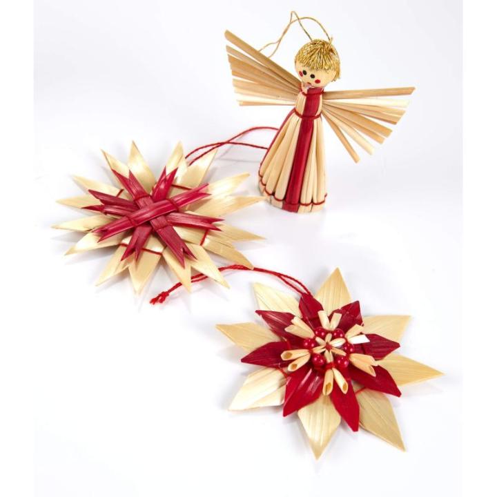 Kerstboomversiering van stro - stro boomdecoratie met rode accenten - 25-delige set - kerstboomhanger van natuurlijk materiaal, 6 cm