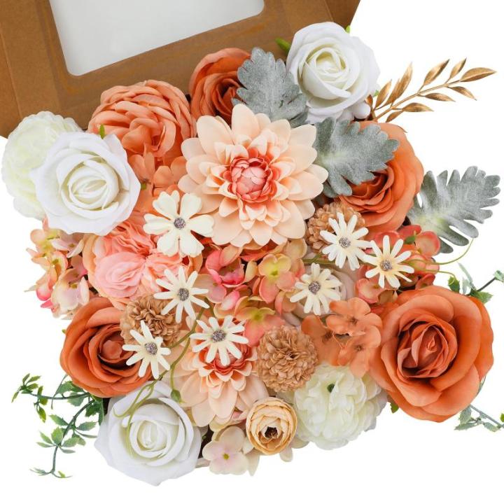 Künstliche Blumen Combo Champagner Blumen Mix Seidenblumen Dahlie Rosen mit Stielen für DIY Hochzeit Brautsträuße Babyparty Blumenarrangement Tischaufsätze Heimdekorationen