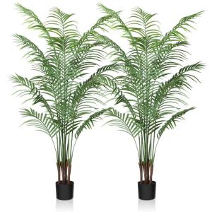 Künstliche Pflanze Palmen 150 cm Kunstpflanze Plastik Groß Areca Palme im Topf Wohnzimmer Balkon Schlafzimmer Grün Deko (2 Pack)