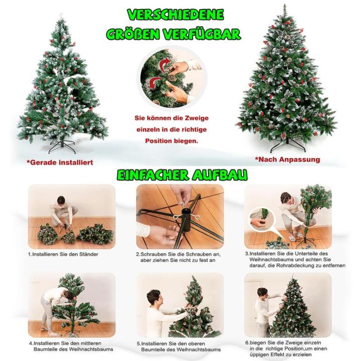 Kunstkerstboom, 180 cm met 800 pvc-punten, 37 dennenappels en 24 rode vruchten, Ø 110 cm, kunstkerstboom van moeilijk ontvlambaar, met sneeuweffect en metalen standaard
