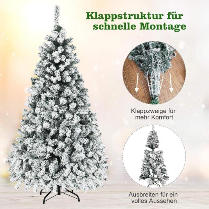 Kunstkerstboom met sneeuw en warmwitte ledverlichting, dennenboom met metalen standaard, pvc-naalden, kunstboom, klapsysteem, 180 cm