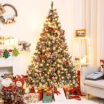 Kunstkerstboom met verlichting en witte sneeuw, led-dennenboom voor kerstdecoratie met echte dennenappels, vuurbestendig, 150 cm