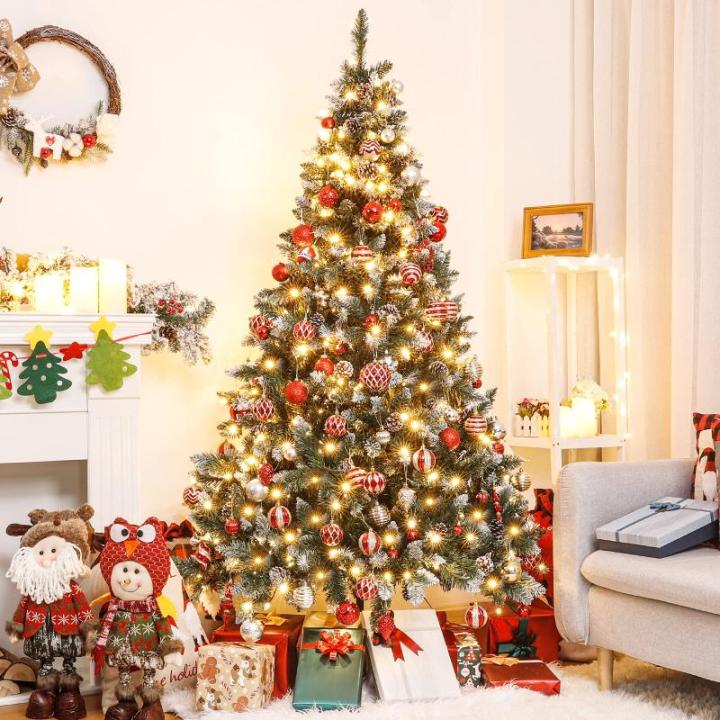 Kunstkerstboom met verlichting en witte sneeuw, led-dennenboom voor kerstdecoratie met echte dennenappels, vuurbestendig, 150 cm