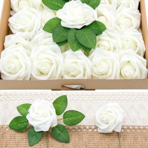 25 stuks kunstmatige witte rozen, boxset, bloemenschuimrozen, nepbloemendecoratie voor taartdecoratie, bruiloft, bloemstukken, verjaardagsdecoratie