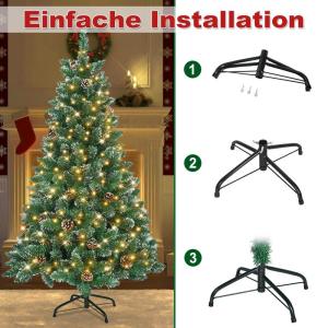 Kunstkerstboom met verlichting, groen, pvc, met sneeuweffect, met dennenappels, kerstdecoratie met metalen standaard, 210 cm