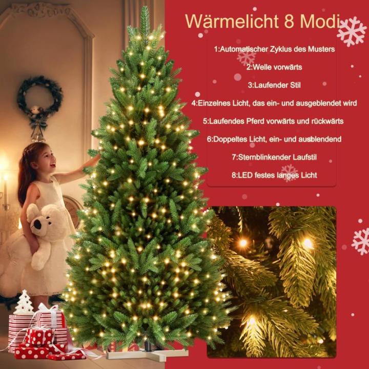 Künstlicher Weihnachtsbaum mit Holz Ständer,Tannenbaum Künstlich mit Beleuchtung,Künstliche Weihnachtsbäume mit 950 Zweigen und 300 Warm LED Licht,für Weihnachts Dekor Innen-