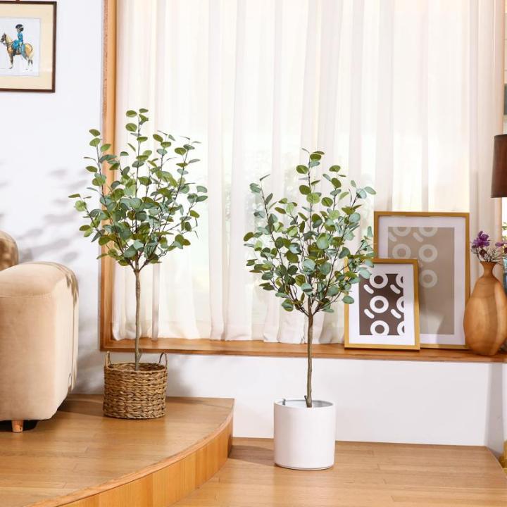 Eucalyptus Kunstplant, 120 cm, eucalyptus, decoratie voor binnen en buiten, moderne decoratie, , plastic planten in pot, voor thuis, slaapkamer, kantoor, tuin (2 stuks)