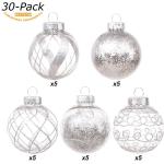 Onbreekbare doorzichtige plastic van 60 mm met glitterschilderij, transparant, doorzichtige kristallen , kerstboomdecoraties (30 stuks, zilver)