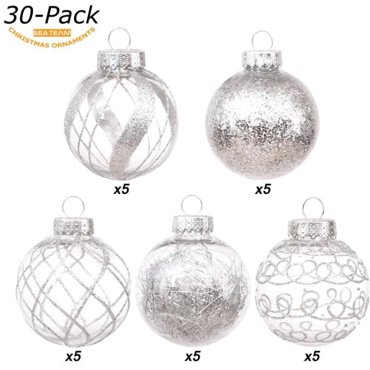 Onbreekbare doorzichtige plastic van 60 mm met glitterschilderij, transparant, doorzichtige kristallen , kerstboomdecoraties (30 stuks, zilver)