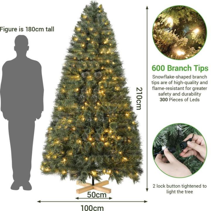 Nordmanntanne Kunstkerstboom, Levensechte Voorbehandelde Dennennaalden, Kerstboom met Handgemaakte Houten Standaard, Vakantie Decoratie voor Thuis en Winkel, 300 Warm Witte Lampjes
