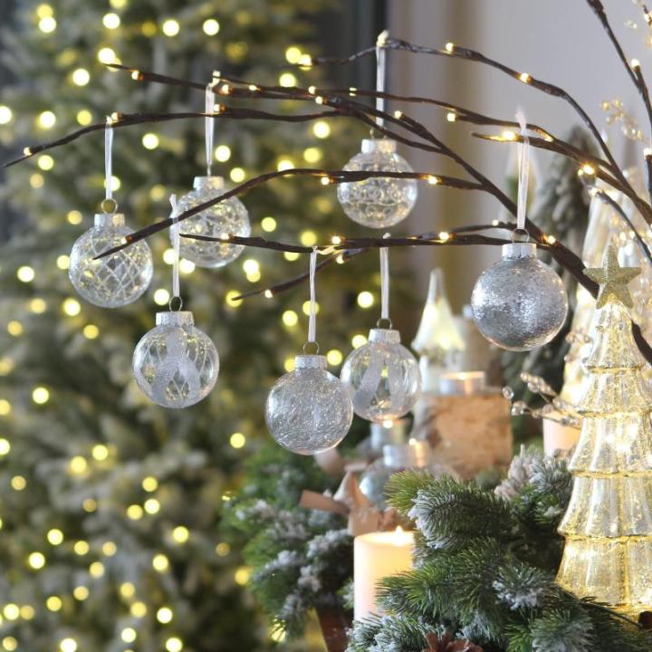 Onbreekbare doorzichtige plastic van 60 mm met glitterschilderij, transparant, doorzichtige kristallen , kerstboomdecoraties (30 stuks, zilver)