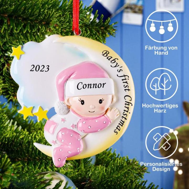 Gepersonaliseerde kersthangers met de naam Baby's eerste Kerstmis - 2023 kunsthars kerstboomversiering gepersonaliseerde , cadeaus voor baby's, dochters, kleinkind, maan