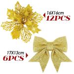 12 stuks glitter kerstster bloemen met 6 stuks glitter kerststrikken decoratie kerstboomversiering kerstdecoratie voor kerstboom Nieuwjaar decoraties
