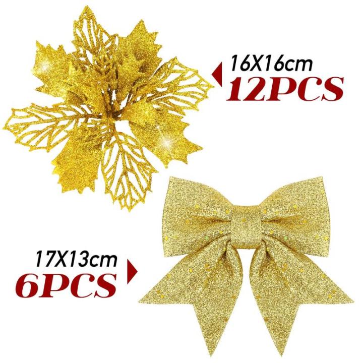 12 stuks glitter kerstster bloemen met 6 stuks glitter kerststrikken decoratie kerstboomversiering kerstdecoratie voor kerstboom Nieuwjaar decoraties