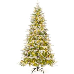 Kunstkerstboom van 190 cm met verlichting en sneeuw, dennenboom met 280 warmwitte ledlampen en 62 dennenappels, kerstboom met scharnierstructuur, kunstboom voor thuis