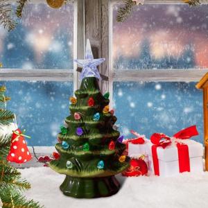 Grüner 10,5 x 18,8 cm großer Keramik-Weihnachtsbaumschmuck, handbemalter Keramik-Baum, beleuchteter Feiertagsmittelaufsatz mit bunten Lichtern