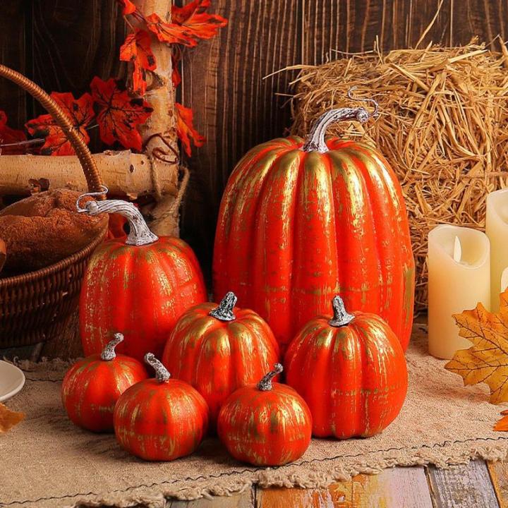 7 Stück Kürbisse, Thanksgiving-Kürbis-Dekorationen, Verschiedene Größen, künstliche Schaumstoff-Ernte-Herbst-Dekoration, künstliche Kürbisse, Dekorationen für den Innenber