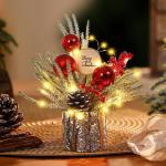 LED Weihnachtsbaum Deko,37CM Kleiner Weihnachtsbaum mit Beleuchtung Kleiner Tannenbaum Künstlich mit Tannenzapfen Beere Weihnachtsbaum Holz Weihnachtsgesteck für Tischdeko Weihna
